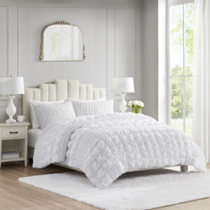 Evelyn 3 Piece Stripe Ruched Comforter Set in White From Madison Park