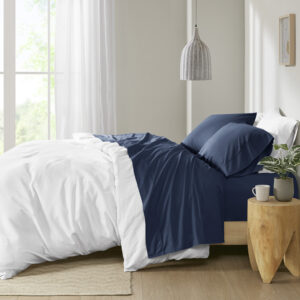 Peached Percale 200 Thread Count Relaxed Cotton Percale Sheet Set in Navy From Madison Park