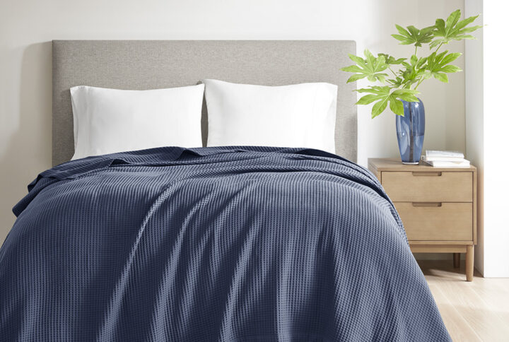 Cotton Waffle Weave Cotton Blanket in Indigo From Beautyrest