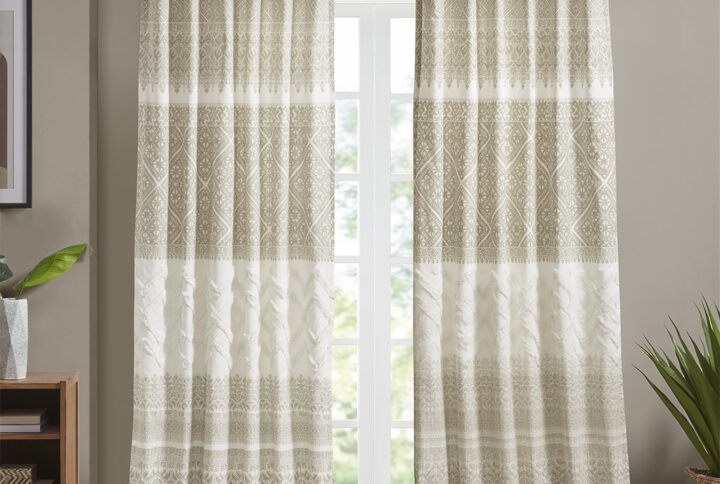 Mila Cotton Printed Curtain Panel with Chenille detail and Lining in Taupe From INK+IVY