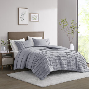 Maddox 3 Piece Striated Cationic Dyed Oversized Duvet Cover Set with Pleats in Blue From Beautyrest