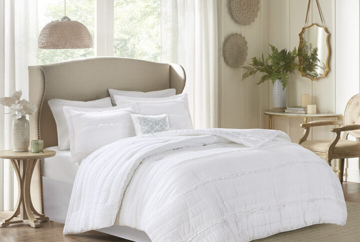 Celeste 5 Piece Microfiber Ruffled Comforter Set in White From Madison Park