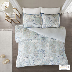 Isla 3 Piece Cotton Floral Printed Reversible Duvet Cover Set in Blue From Madison Park