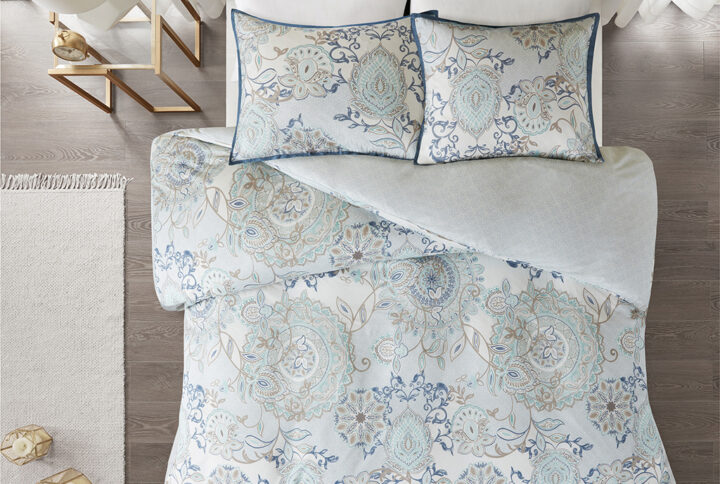 Isla 3 Piece Cotton Floral Printed Reversible Duvet Cover Set in Blue From Madison Park