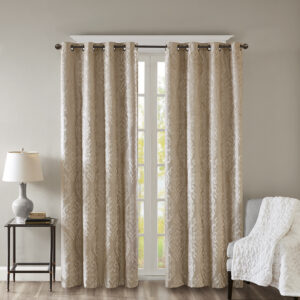 Mirage Knitted Jacquard Damask Total Blackout Grommet Top Curtain Panel Pair in Champagne From SunSmart