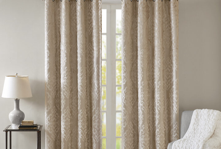 Mirage Knitted Jacquard Damask Total Blackout Grommet Top Curtain Panel Pair in Champagne From SunSmart