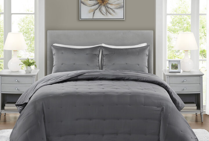 Ames 3 Piece Charmeuse Coverlet set in Grey From Beautyrest