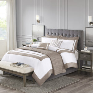 Heritage 8 Piece Comforter and Quilt Set Collection in Taupe From Madison Park