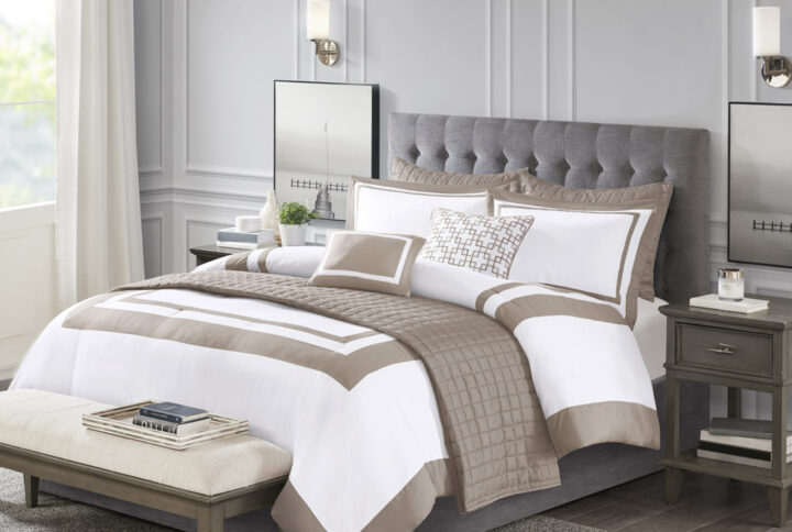 Heritage 8 Piece Comforter and Quilt Set Collection in Taupe From Madison Park