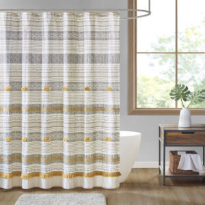 Cody Cotton Stripe Printed Shower Curtain with Tassel in Gray/Yellow From INK+IVY