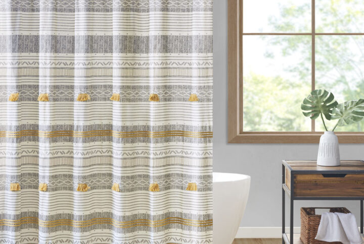 Cody Cotton Stripe Printed Shower Curtain with Tassel in Gray/Yellow From INK+IVY