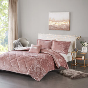 Felicia Velvet Duvet Cover Set with Throw Pillow in Blush From Intelligent Design