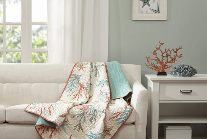 Pebble Beach Oversized Cotton Quilted Throw in Coral From Madison Park