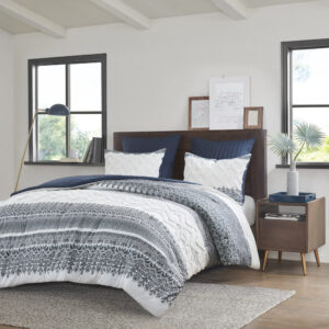 Mila 3 Piece Cotton Comforter Set with Chenille Tufting in Navy From INK+IVY