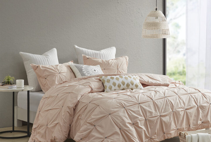 Masie 3 Piece Elastic Embroidered Cotton Duvet Cover Set in Blush From INK+IVY