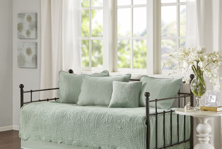 Tuscany 6 Piece Reversible Scalloped Edge Daybed Cover Set in Seafoam From Madison Park