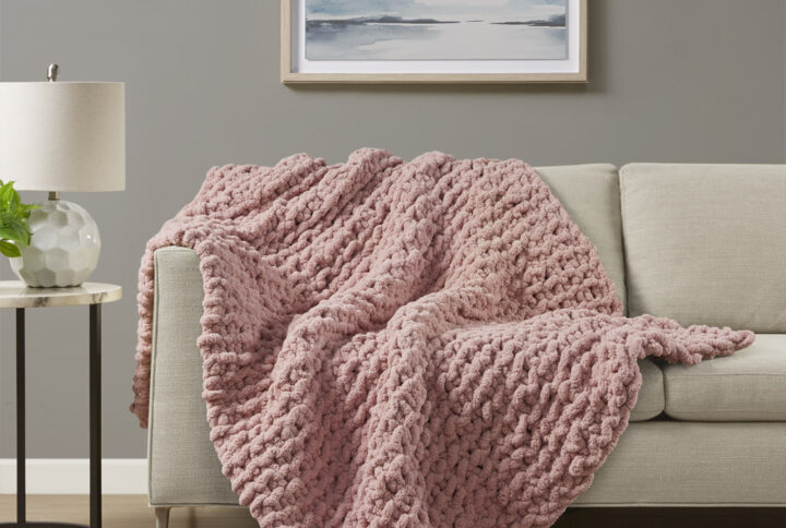 Chenille Chunky Knit Throw in Blush From Madison Park