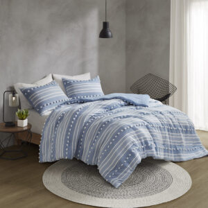 Rowan Striped Clipped Jacquard Duvet Cover Set in Blue From Urban Habitat