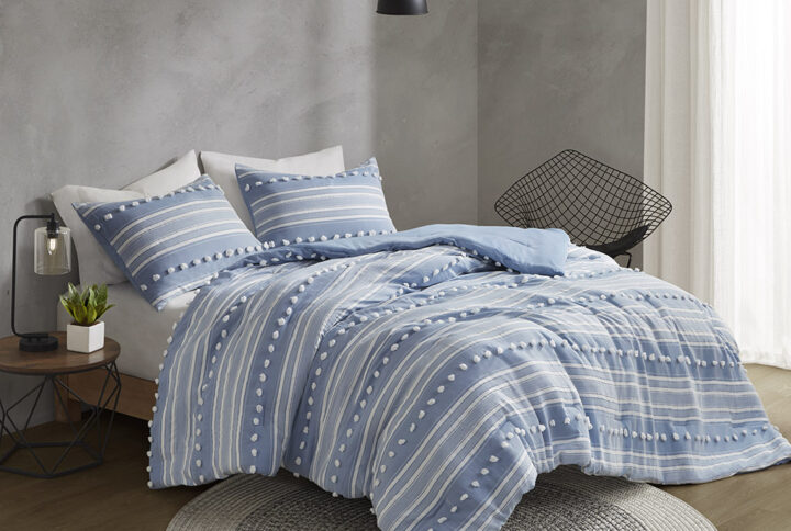 Rowan Striped Clipped Jacquard Duvet Cover Set in Blue From Urban Habitat