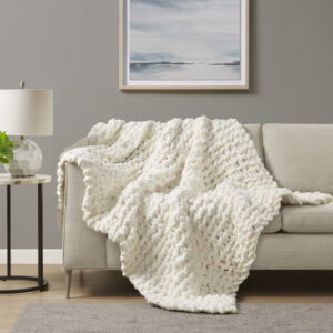 Chenille Chunky Knit Throw in Ivory From Madison Park