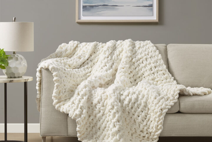 Chenille Chunky Knit Throw in Ivory From Madison Park