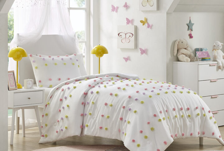 Cora Pompom Clip Jacquard Comforter Set in Pink Multi From Mi Zone Kids