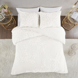 Veronica 3 Piece Tufted Cotton Chenille Floral Duvet Cover Set in Off-White From Madison Park