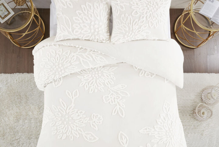 Veronica 3 Piece Tufted Cotton Chenille Floral Duvet Cover Set in Off-White From Madison Park