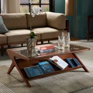 Rocket Coffee Table with Tempered Glass in Pecan From INK+IVY