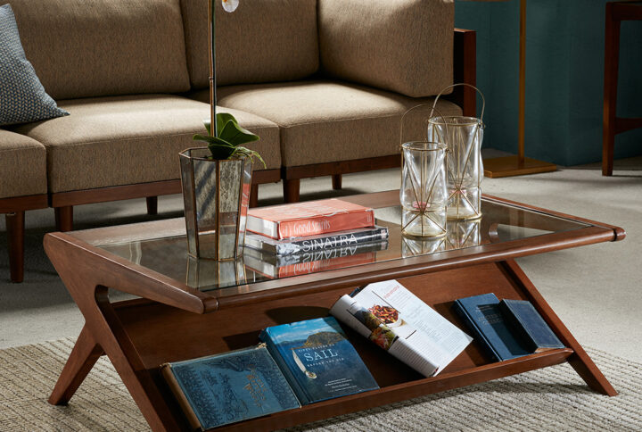 Rocket Coffee Table with Tempered Glass in Pecan From INK+IVY