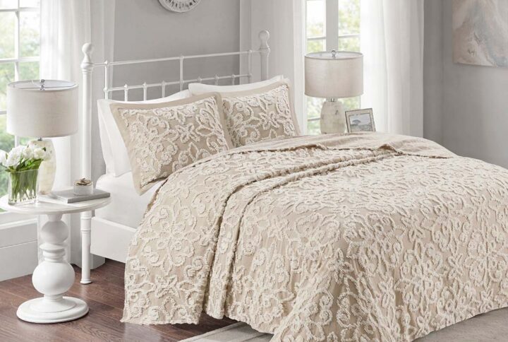 Sabrina 3 piece Tufted Cotton  bedspread  set in Taupe From Madison Park