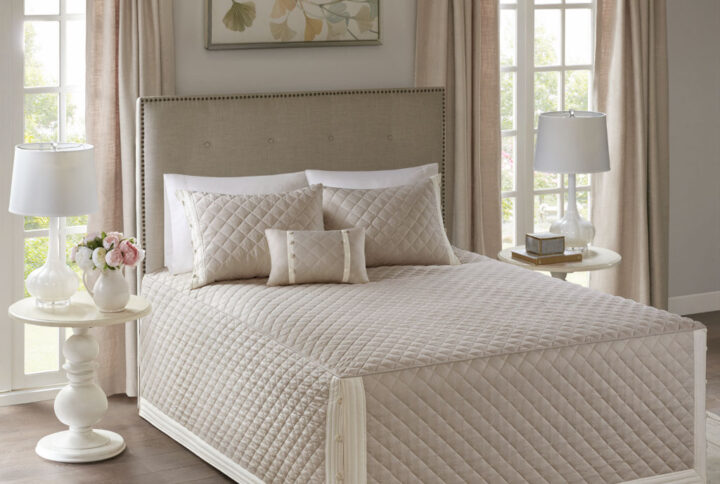 Breanna 4 Piece Cotton Reversible Tailored Bedspread Set in Khaki From Madison Park