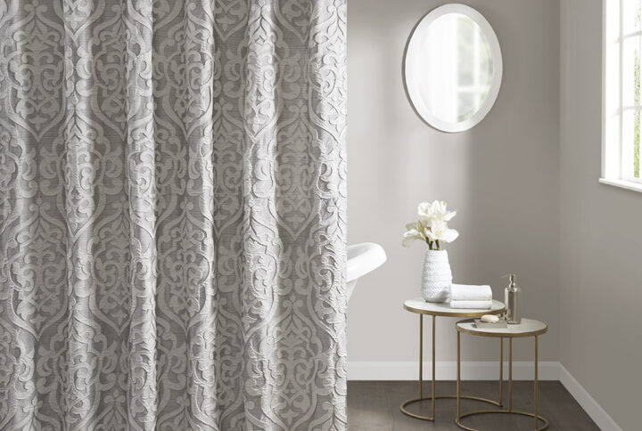 Odette Jacquard Shower Curtain in Silver/Silver From Madison Park