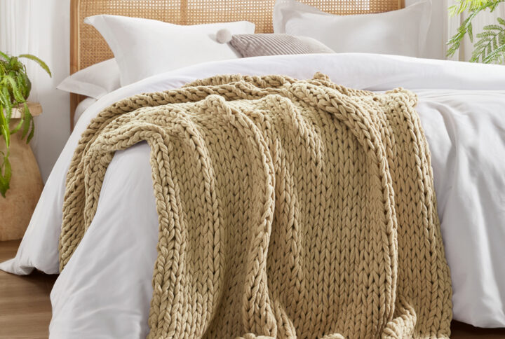 Chunky Double Knit Hand Made Chunky Double Knit Throw Blanket in Tan From Madison Park