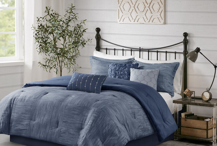 Walter 7 Piece Printed Seersucker Comforter Set in Navy From Madison Park