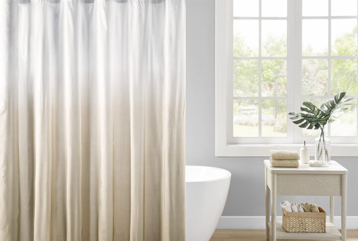 Ara Ombre Printed Seersucker Shower Curtain in Taupe From Madison Park