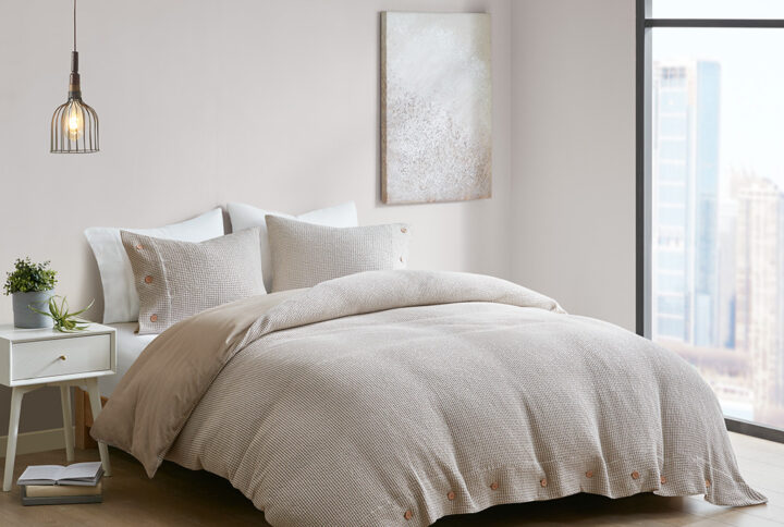 Mara 3 Piece Cotton and Rayon from Bamboo Blend Waffle Weave Duvet Cover Set in Taupe From Clean Spaces