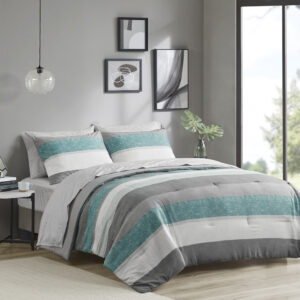 Jaxon Stripe Comforter Set with Bed Sheets in Aqua/Grey From Madison Park Essentials