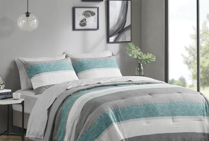 Jaxon Stripe Comforter Set with Bed Sheets in Aqua/Grey From Madison Park Essentials