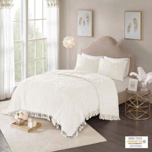 Laetitia Tufted Cotton Chenille Medallion Fringe Coverlet Mini Set in Off-White From Madison Park