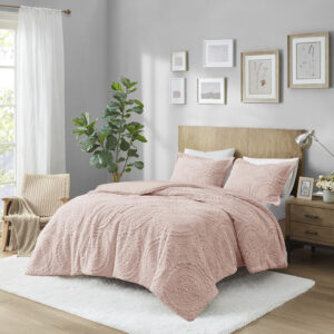 Arya Embroidered Medallion Faux Fur Ultra Plush Comforter Mini Set in Blush From Madison Park