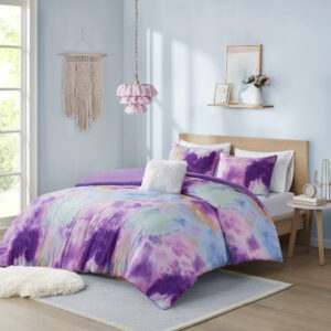 Cassiopeia Watercolor Tie Dye Printed Duvet Cover Set with Throw Pillow in Lavender From Intelligent Design