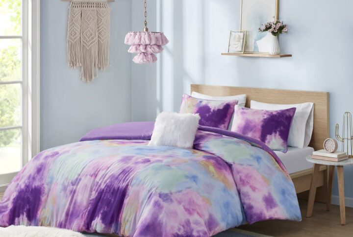 Cassiopeia Watercolor Tie Dye Printed Duvet Cover Set with Throw Pillow in Lavender From Intelligent Design