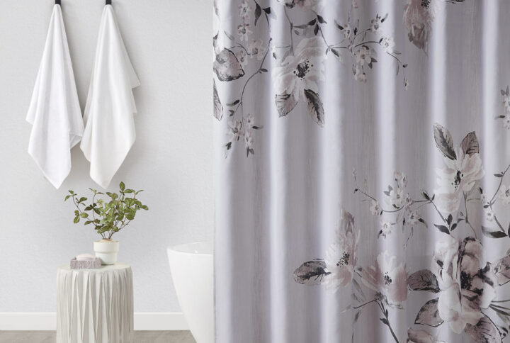 Neko Floral Printed Cotton Shower Curtain in Lilac From Madison Park