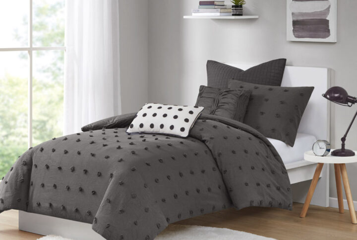 Brooklyn Cotton Jacquard Duvet Cover Set with Euro Shams and Throw Pillows in Charcoal From Urban Habitat