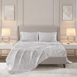 Printed Satin Sheet Set in Gray Leopard From Madison Park Essentials