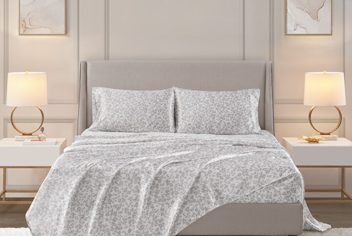 Printed Satin Sheet Set in Gray Leopard From Madison Park Essentials