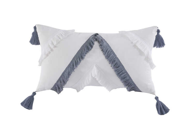 Reva Cotton Oblong Pillow with tassels in Off White/Blue From INK+IVY