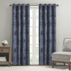 Amelia Knitted Jacquard Paisley Total Blackout Grommet Top Curtain Panel in Navy From SunSmart