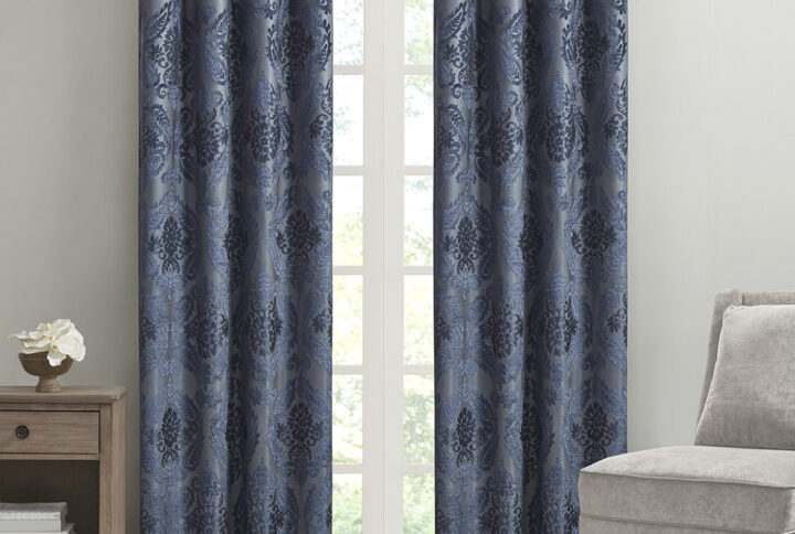 Amelia Knitted Jacquard Paisley Total Blackout Grommet Top Curtain Panel in Navy From SunSmart